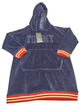 Tommy Hilfiger Purple Velour Hoodie Size 4 Kids Embroidered Pocket Pullover NWT